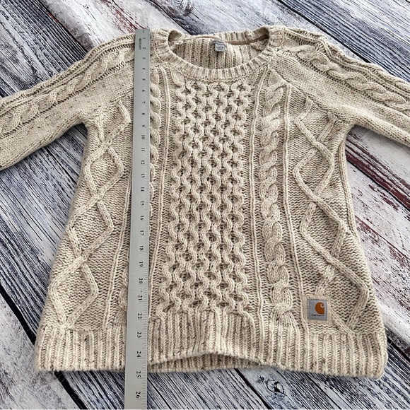 Carhartt Oatmeal Tan Wool Blend Cable Knit Sweater With Elbow Patch - Picture 9 of 10